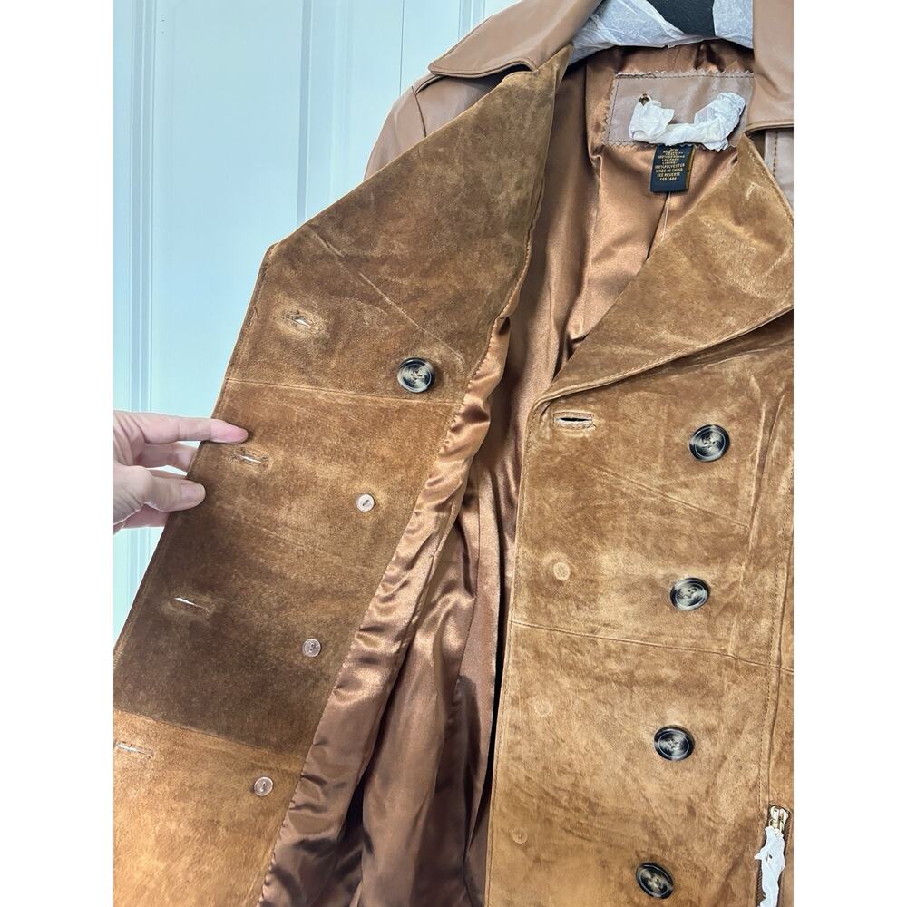 IMAN Global Chic Suede Leather Trench Belt 70s Retro Boho Coat Double Breast XS - Picture 3 of 13